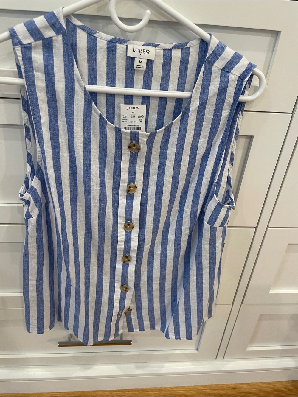 J. Crew Blue and White Vertical-Stripe Sleeveless Button-Front Top